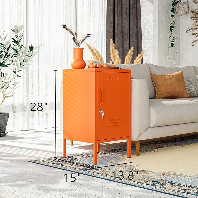 Single Door Lockable Metal End Table, 2-Tier Storage Cabinet with Adjustable Shelf, Easy Assembly Side Table for Living Room Bedroom Home Office, Orange 28" H x 13.8" W x 15" D