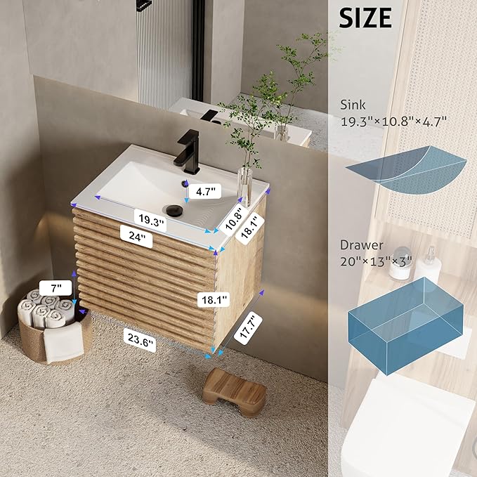 eclife 24" Floating Bathroom Vanity with Sink Combo Mid-Century Wall Mounted Cabinet with Wood Stripes Decor, Drawers, Undermount Sink, Faucet, Drain, Light Walnut