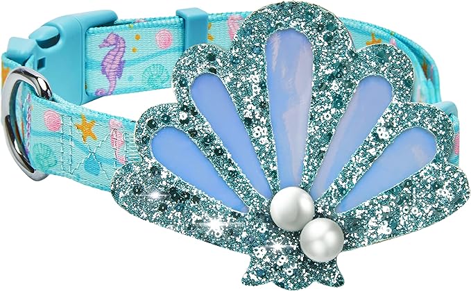 Blueberry Pet Summer Sparkle Dog Collar, Adjustable Small Size, Neck 12"-16", Turquoise, Ocean Fish and Seahorse Print Nautical Pet Collar with Detachable Seashells Accessory