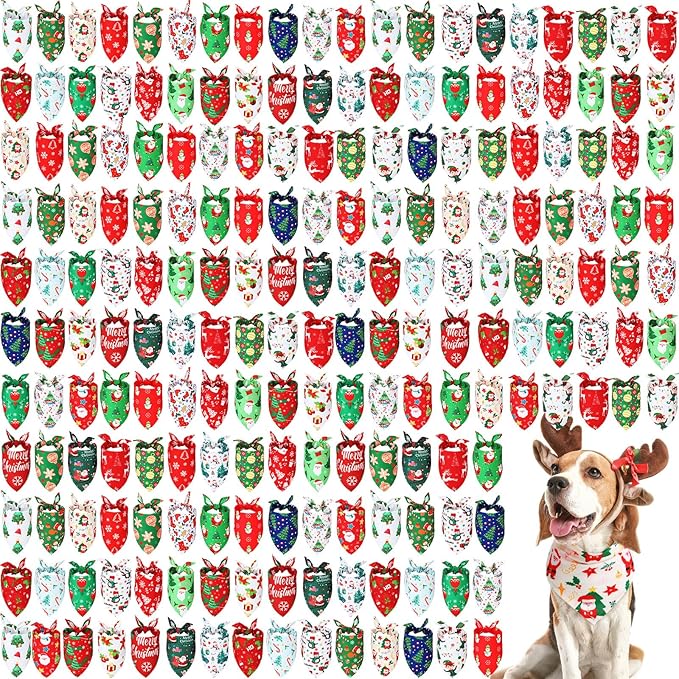 Abbylike 200 Pcs Christmas Dog Bandanas Bulk Xmas Red and Green Bandanas for Dogs Triangle Kerchief Bibs Scarf Set for Pet Christmas Costume Photo Props Accessories Pet Shops Groomer, 25 Styles