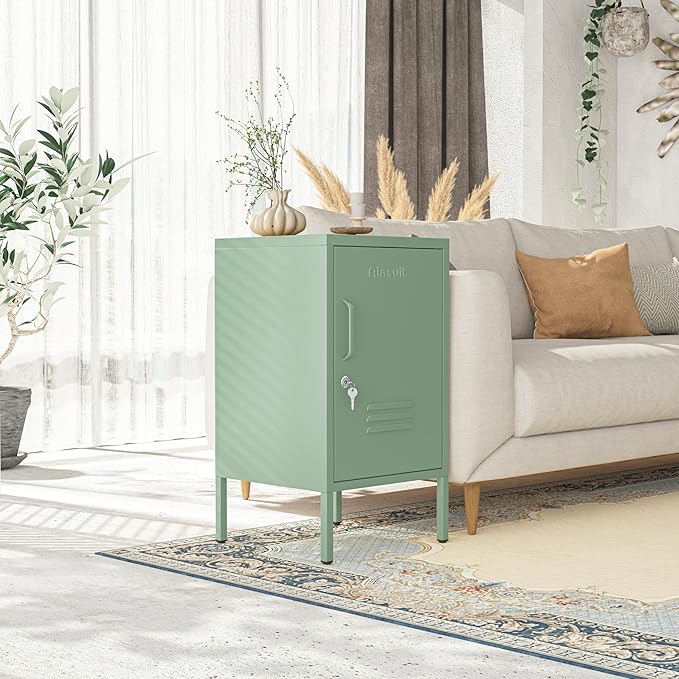 Single Door Lockable Metal End Table, 2-Tier Storage Cabinet with Adjustable Shelf, Easy Assembly Side Table for Living Room Bedroom Home Office, Green 28" H x 13.8" W x 15" D