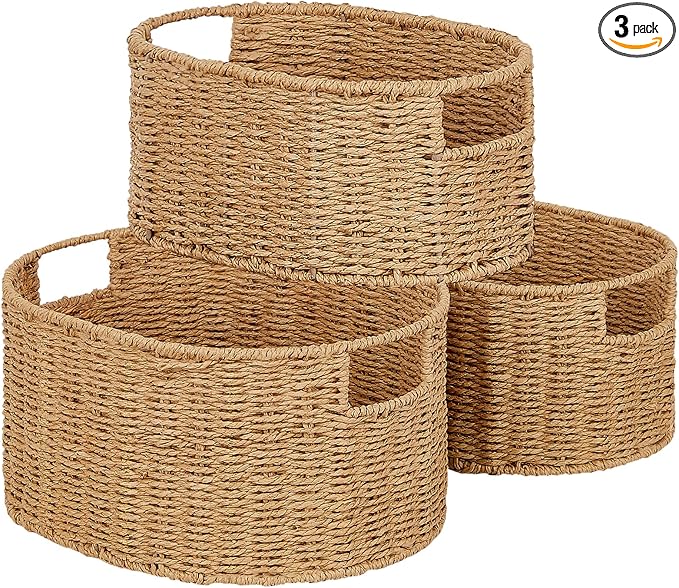 Vagusicc Wicker Storage Basket, Set of 3 Hand-woven Storage Baskets for Organizing, Round Large Wicker Baskets for Storage Decor, Pantry Storage Cubes Organization Baskets for Shelves, Natural