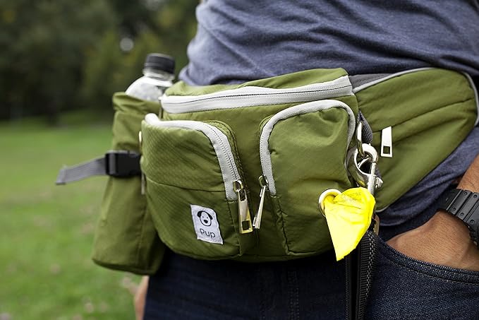 Dog Treat Pouch with Poop Bag Holder, Water-Resistant Fanny Pack with Collapsible Bowl & Bottle Holder – Olive Green Waist Bag for Training, Hiking, Walking – Fits All Phones, Large Size
