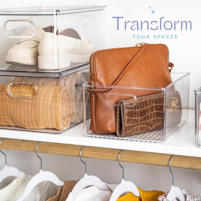 Plastic Food Storage 2 Pack Clear Container Bin with Handles for Organizing Kitchen, Pantry, Refrigerator, Freezer, Pantry, Cabinet, Closet, Bathroom 10”x8”x5”