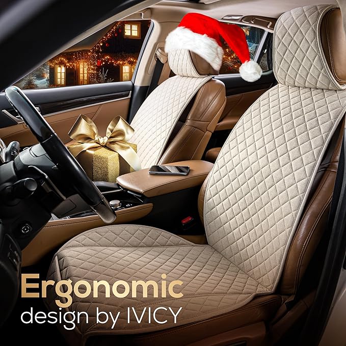 IVICY Faux Linen Car Seat Cover for Cars - Durable & Non-Slip - Front Car Seat Protector Covers for Most Automotive, Vans, SUVs, Trucks - 1 Unit – Light Beige