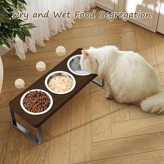 Elevated Cat Bowls with 3 Stainless Steel Bowls | 10° Tilted Anti-Vomiting Raised Cat Food Bowl for Small Cats and Puppies Pet Bowl with Stand（Walnut Color）