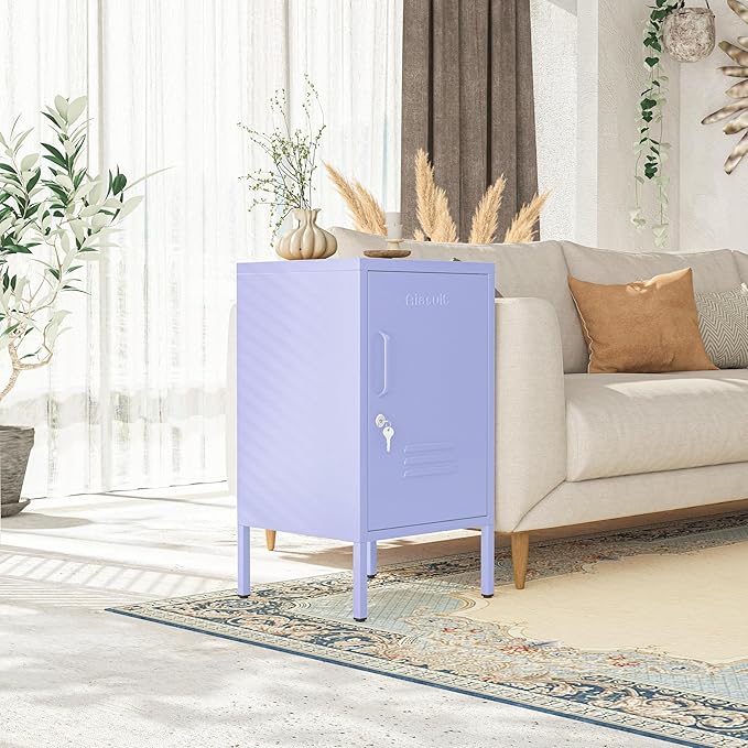 Single Door Lockable Metal End Table, 2-Tier Storage Cabinet with Adjustable Shelf, Easy Assembly Side Table for Living Room Bedroom Home Office, Purple 28" H x 13.8" W x 15" D