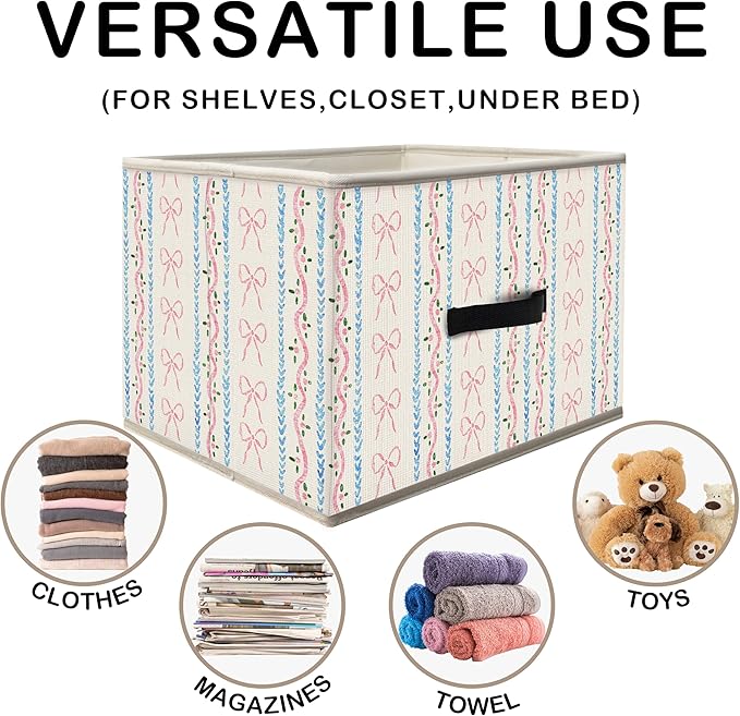 Nogrit Preppy Pink and Blue Storage Bins Box, Toybox for Girls, Coquette Pink Bow Blue Striped Foldable Baskets Organizer Container with Handles for Girls Bedroom Dorm Bathroom Clothes Toys Books