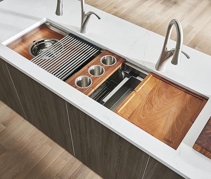 Ruvati 45-inch Double Bowl Workstation Kitchen Sink - Undermount 16 Gauge Stainless Steel Kitchen Sink with Two-Tiered Ledge & Accessories - RVH8253