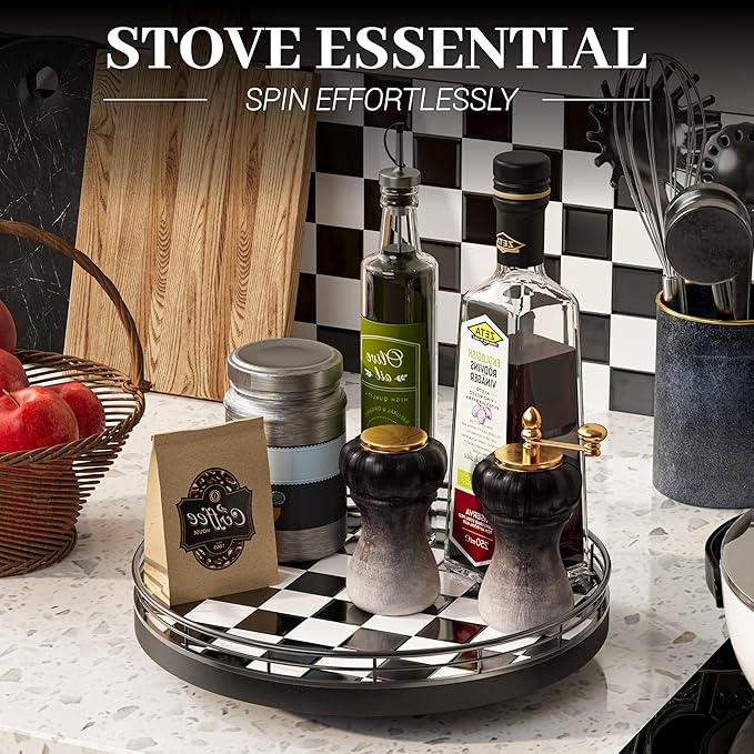 10.2-Inch Black & White Checkerboard Lazy Susan Organizer – Rotating Serving Tray with Oak Base, Iron Frame, & Ceramic Tile –Perfect for Dining Table, Kitchen Cabinet, Bathroom Countertop, Home Décor