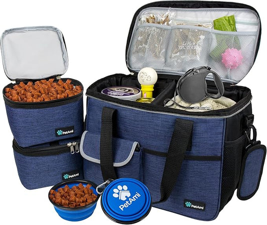 PetAmi Dog Travel Bag with Bowls & Food Containers, Navy, Medium