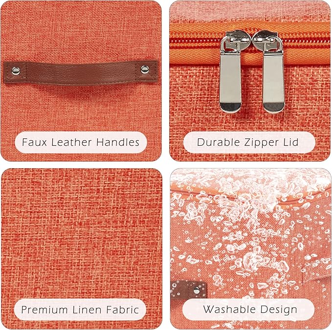 2 Pack Storage Bins with Zipper Lid Cotton Linen Fabric Lidded Storage Baskets Boxes Foldable Washable Closet Shelf Clothes Organizer Container with PU Leather Handles (Orange, Large)