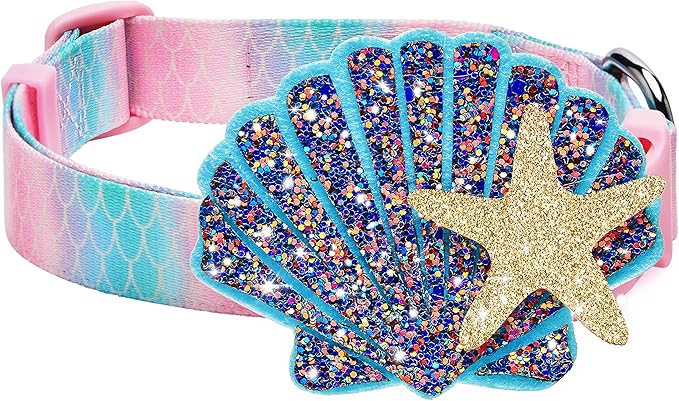 Blueberry Pet Summer Sparkle Dog Collar, Adjustable Small Size, Neck 12"-16", Pink and Blue, Ocean Mermaid Scales Print Nautical Pet Collar with Detachable Seashells Accessory