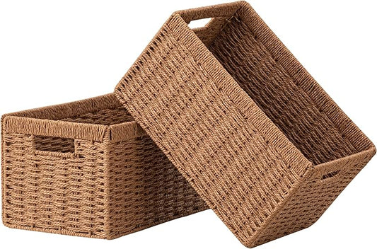 UBBCARE 2 Pack Wicker Basket, 13.4L×8.3H×7.1W inch Woven Paper Rope Storage Baskets for shelves, Foldable Rectangular Storage Baskets with Handle, Storage Basket for Organizing, Caramel