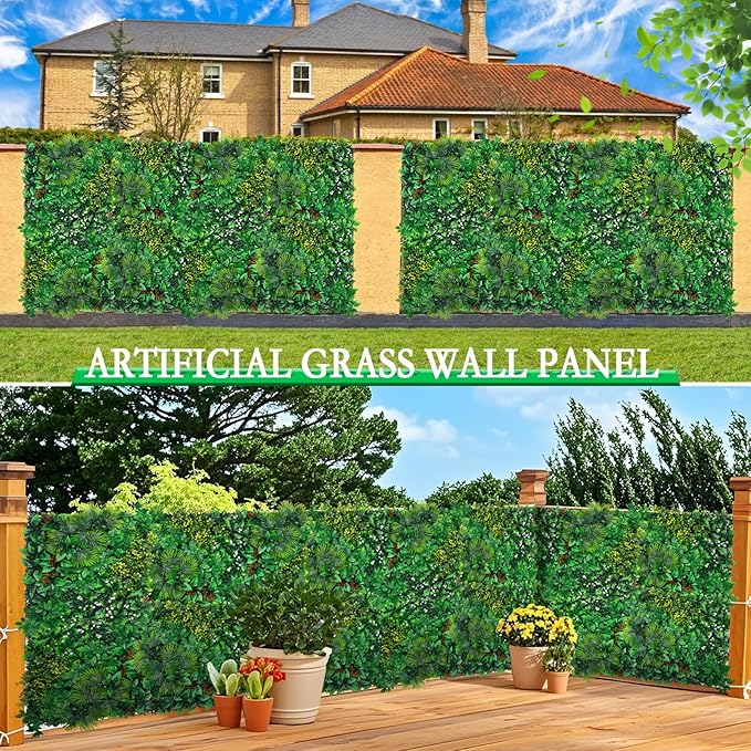 Artificial Grass Wall Panels, 20''x20'' 12pcs Boxwood Wall Panels with Tropical Leaves, Faux Greenery Privacy Fence Screen, Grass Backdrop for Outdoor Indoor Garden Birthday Wedding Decor