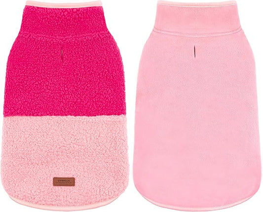cyeollo Warm Dog Coat Sherpa Dog Winter Coat, Reversible Fleece Dogs Jackets Sweater Vest for Small Dogs Male with Leash Hole, Soft Cold Weather Pet Clothes, Rose Red L