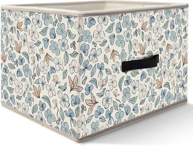 Nogrit Watercolor Floral Storage Bins Box, Toybox for Girls, Blue and White Flower Foldable Baskets Organizer Container with Handles for Girls Bedroom Dorm Bathroom Clothes Toys Books
