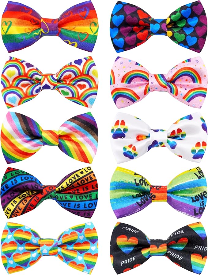 PET SHOW 10 Pack Pride Month Small Dog Bow Ties Sliding Collar Attachments Puppy Cats Rainbow Bowties for Medium Dogs LGBT Bowknots Party Holiday Pet Grooming Accessories(Small)