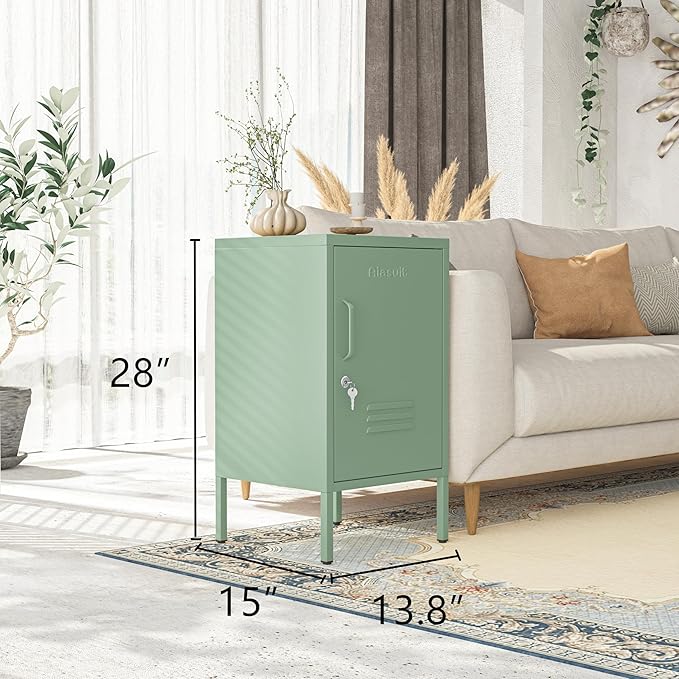 Single Door Lockable Metal End Table, 2-Tier Storage Cabinet with Adjustable Shelf, Easy Assembly Side Table for Living Room Bedroom Home Office, Green 28" H x 13.8" W x 15" D