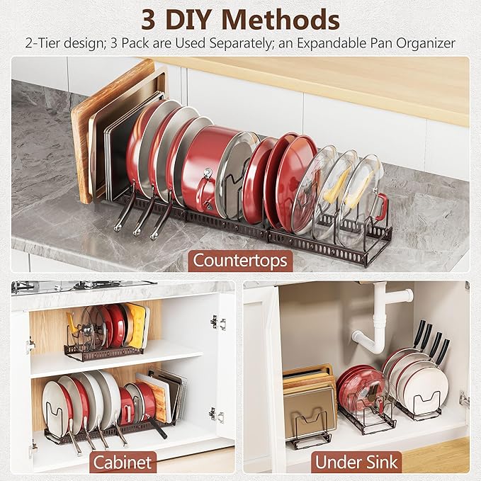 Pan Organizers Inside Cabinet, 2 Tier 14 Dividers Expandable Pot Lid Rack Holder Organizer Under Cabinet,3-Pack Kitchen Cabinet Storage for Flying Pot, Pans, Cookware, Baking Sheet, Bronze