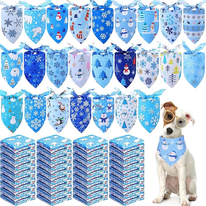 Abbylike 200 Pcs Winter Dog Bandanas Bulk Blue Snowflake Bandanas for Dogs Triangle Kerchief Bibs Scarf Set for Pet Christmas Xmas Winter Costume Photo Props Accessories Pet Shops Grooming, 25 Styles