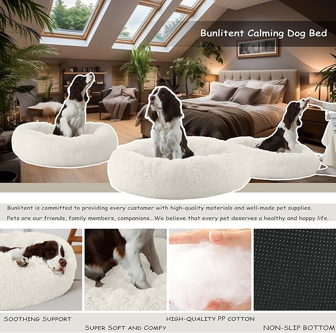 39'' inch Calming Dog Bed, Anti-Anxiety Donut Bed for Medium Large Dogs, Warming Cozy Soft Cute Round Washable, Marshmallow Cuddler Nest Puppy Dogs and Cats Bed, White
