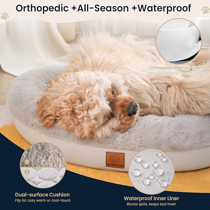 Round Donut Dog Bed – Luxury Orthopedic Dog Beds with Memory Foam – Calming Bolster Pet Bed, Water-Resistant, Washable Plush Cover, YKK Zipper – Small, Medium Dogs & Cats (25 Inches)