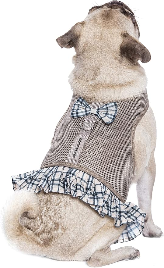 Parisian Pet Step in Dog Harness - 100% Mesh Fabric Plaid Khaki Dog Harnesses - Soft Fully Padded, No Pull Dog Vest Harness Dress - Puppy Harness - Dog Harness Small Sized Dog - S