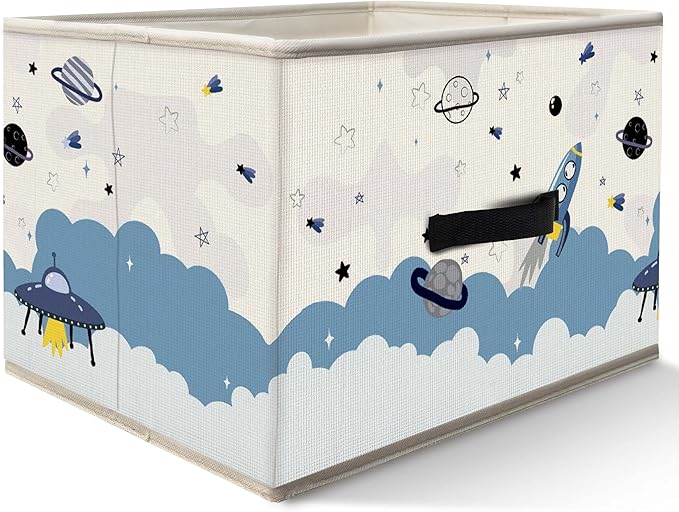 Nogrit Blue Space Storage Bins Box, Toybox for Boys, Outer Space Planets Spacecraft Foldable Baskets Organizer Container with Handles for Kids Boys Bedroom Bathroom Clothes Toys Books