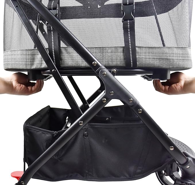 ROODO Fashion 3-in-1 Dog Cat Stroller with Detachable Carrier&Car Seat Combo Best Lightweight Folding Portable All-Terrain Travel Pet Gear Puppy Doggie Kitty Stroller for up to 35 lbs(Grey Lattice)