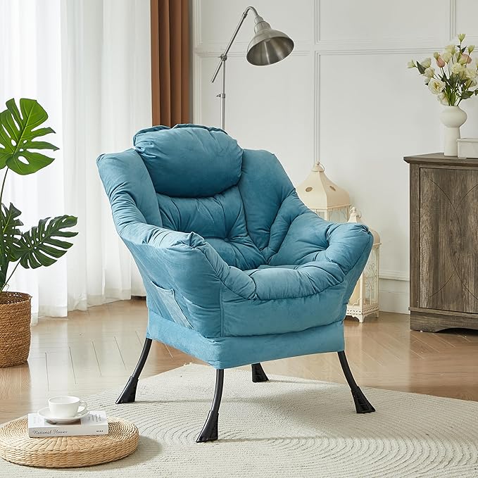 HollyHOME Lazy Chair with Armrest and Side Pocket, Comfy Accent Lounge Chair,Leisure Sofa Armchair for Living Room, Bedroom, Dorm, or Small Spaces, Oversized Reading Sofa Chair, Textured Blue