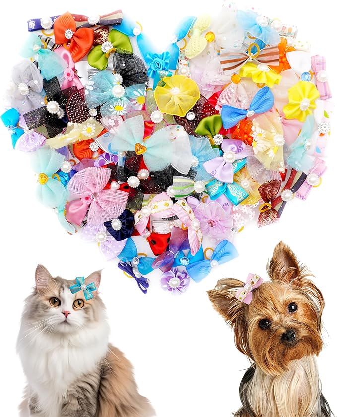 PET SHOW 100 Pack Dog Hair Bows with Rubber Bands for Small Medium Dogs Girls Boys Female Male Puppies Yorkies Topknot Cats with Long Hair Assorted Random Pet Grooming Accessories