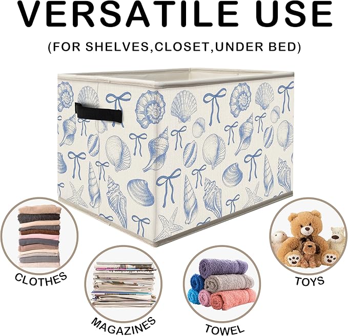 Nogrit Coquette Blue Bow Beach Storage Bins Box, Toybox for Girls, Preppy Coastal Seashell Foldable Baskets Organizer Container with Handles for Girls Bedroom Dorm Bathroom Clothes Toys Books