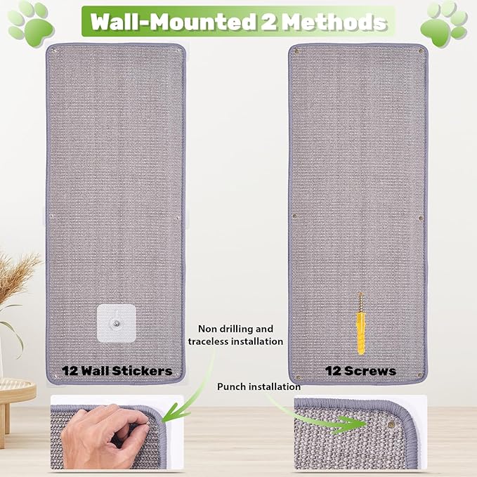 Natural Sisal Cat Scratcher Mat, Wall Scratcher Carpet, Cat Climbing Wall, Large Tall Scratching Post, Sofa Protector, Scratching Mat Pad for Indoor Cats (Gray, 39.3" Lx15.7 W, 2PCS)