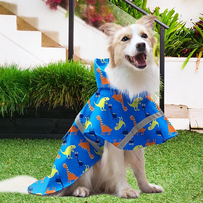 NACOCO Large Dog Raincoat Adjustable - Pet Dinosaurs Water Proof Clothes Lightweight Rain Jacket Poncho Hoodies with Strip Reflective Blue (XXL, Blue Dinosaur)