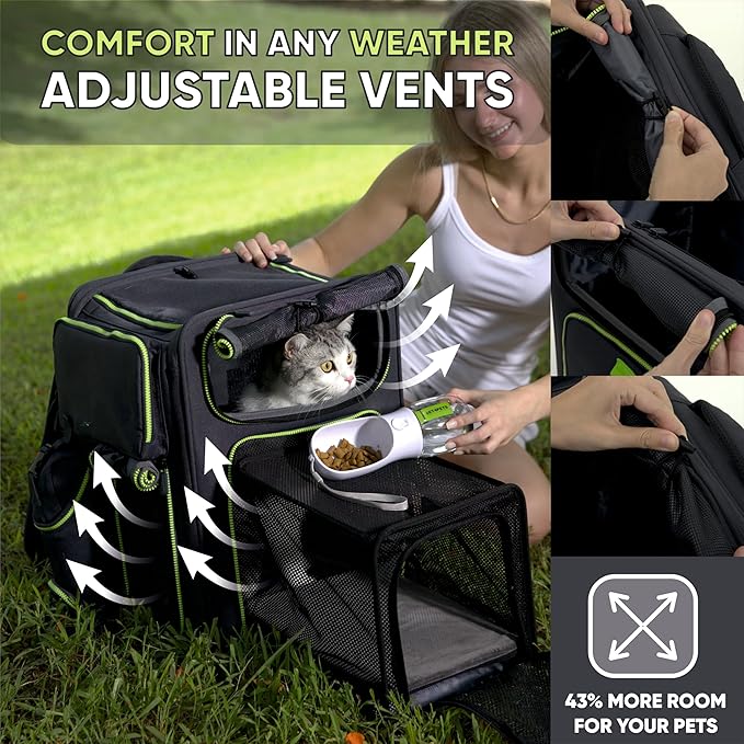 Multi-Functional Cat Carrier Backpack and Cat Car Seat, Expandable cat Carriers with Safety Leash, Breathable Mesh & Waterproof Large cat Backpack Carrier Up to 25 lbs 3 in 1 Food&Water Bottle