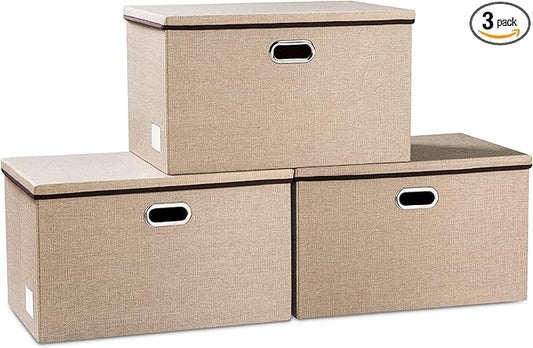 PRANDOM Extra Large Collapsible Storage Bins with Lids [3-Pack] Linen Fabric Foldable Storage Baskets Boxes Organizer Containers Cube with Cover for Bedroom Closet Office Nursery (22.8x15.75x13.8)