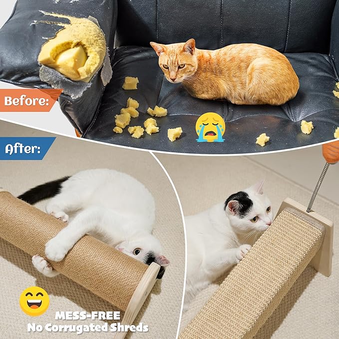 PETKARAY Horizontal Scratching Post, 30" Sisal Cat Scratch Post, Large Cat Scratcher with Spring Toy, Protect Furniture for Indoor Kitten