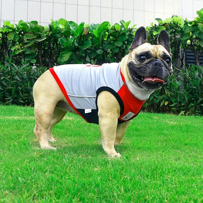 iChoue French Bulldog Summer Cooling Shirt for Dogs UV Sun Protection Vest Sleeveless Stretchy Tank Top English Pug Grey Red - XLarge