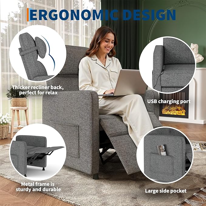 GarveeHome Recliner Chair Living Room Electric Recliner Adjustable Power Reclining Chair for Adults Home Theater Seating with Side Pockets & USB Port(Gray)