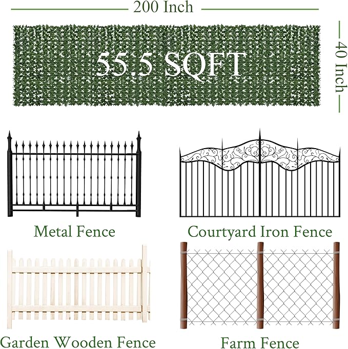Artificial Ivy Privacy Fence Screen: 200 "x 40" (56 Sqft) Anti-Ultraviolet Artificial Hedge Grass Wall, Used for Indoor and Outdoor Green Background, Garden Greening Decoration