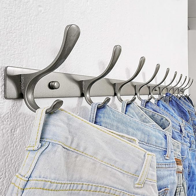 SKOLOO Coat Rack Wall Mounted - 10 Hooks, Heavy Duty, Stainless Steel, Metal Wall Hanger, Sturdy Coat Hooks for Hanging Coats, Jacket, Clothes, Hat, Matte Grey