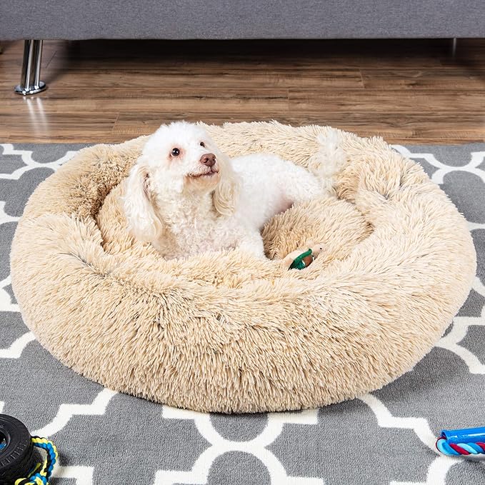 Best Choice Products 36in Dog Bed Self-Warming Plush Shag Fur Donut Calming Pet Bed Cuddler w/Water-Resistant Lining, Raised Rim - Brown