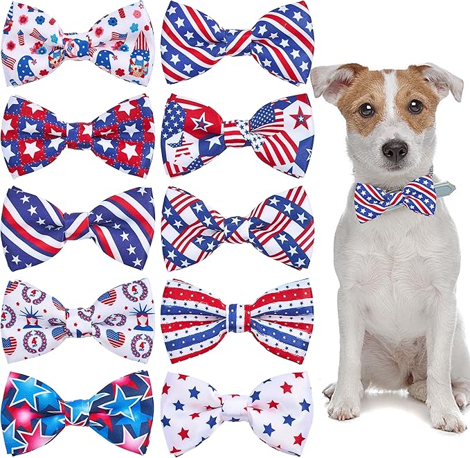 PET SHOW 10 Pack 4th of July Small Dog Bow Ties Sliding Collar Attachments Puppies Cats Patriotic Bowties for Medium Dogs US Flag Bowknots Pet Grooming Accessories for Independence Day