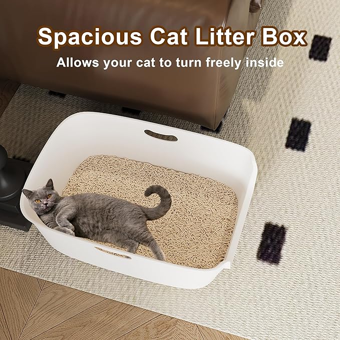 Low Entry High Sided Plastic White Cat Litter Box 22.8x15x8.66 Inch with Splash Guard - One-Piece Smooth Interior Easy Clean for Senior Kittens Mobility-Impaired Cats & Large Breeds
