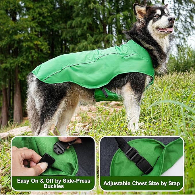 Outdoor Waterproof Dog Jacket for Extra Large Dogs,Doggie Coats with Harness Buitl in D-Ring Warm Fleece Dog Clothes for Cold Winter,Green 5XL