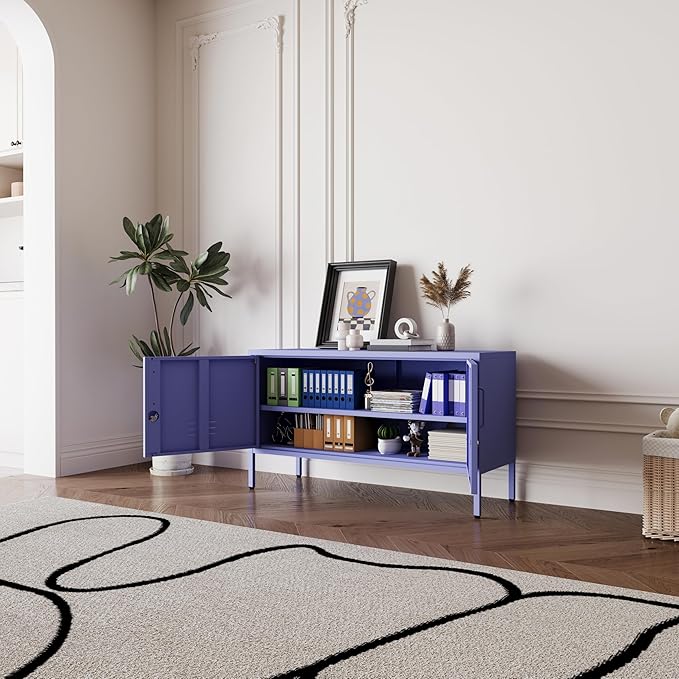 Purple Metal Storage Cabinet with Lock, 2-Door Wide Organizer, Adjustable Shelves, Multifunctional TV Stand & Entertainment Center for Bedroom, Living Room, 24" H x 39.4" W x 15" D