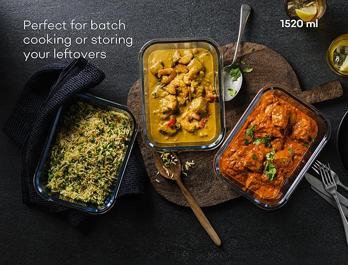 Glass Food Storage Containers | 3 Pack Large Set 52oz/6.4 cup | BPA-Free Airtight LeakProof Lid | Glass Food Containers | Glass Containers with Lids | Oven, Freezer & Dishwasher Safe