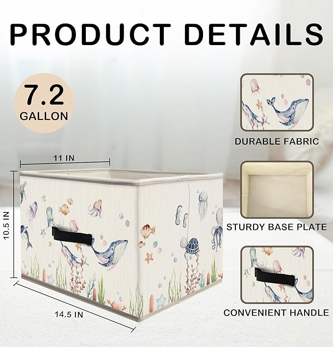 Nogrit Watercolor Ocean Animal Storage Bins Box, Toybox for Boys Girls, Coastal Beach Sea Life Foldable Baskets Organizer Container with Handles for Kids Bedroom Bathroom Clothes Toys Books
