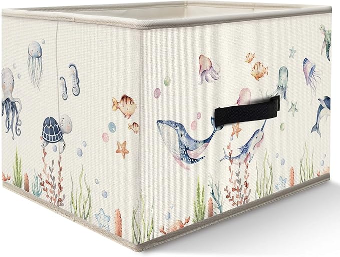 Nogrit Watercolor Ocean Animal Storage Bins Box, Toybox for Boys Girls, Coastal Beach Sea Life Foldable Baskets Organizer Container with Handles for Kids Bedroom Bathroom Clothes Toys Books